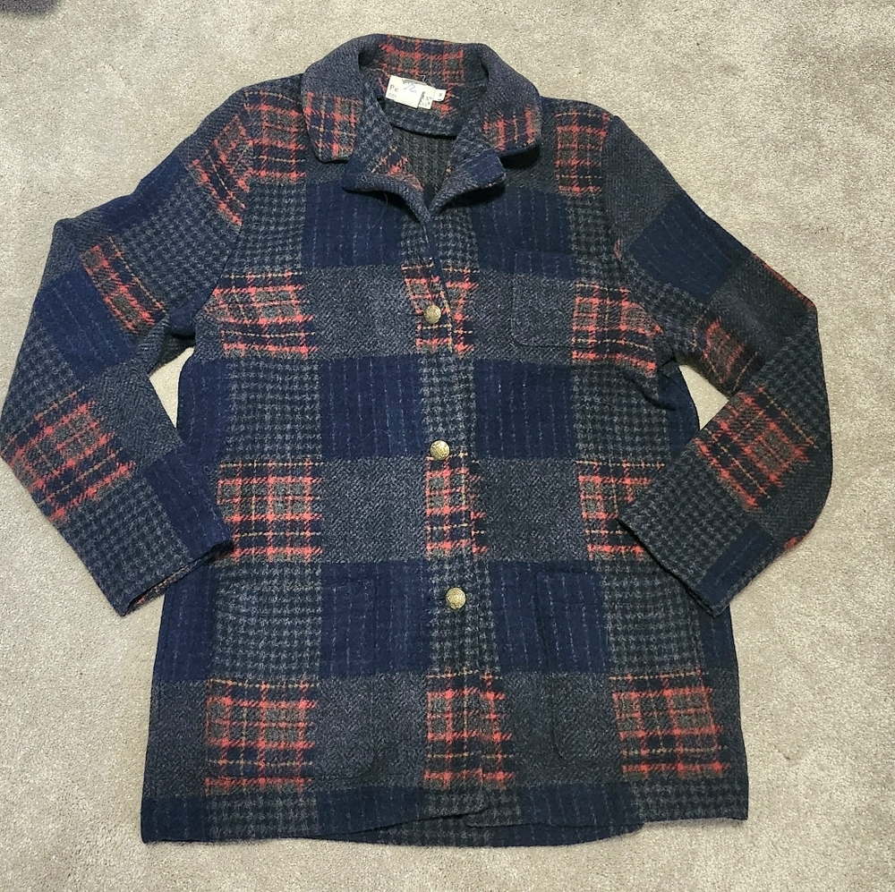 Vintage Womens Wool Blend Patchwork Blue & Red Jacket By Portraits Size Medium